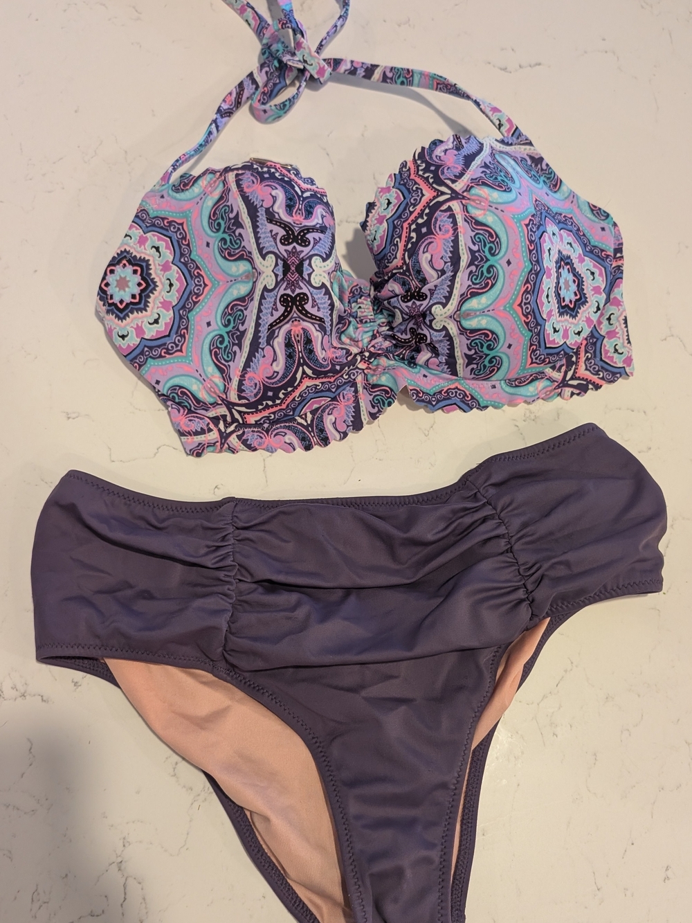 Victoria's Secret Bikini Set 32DD Halter Top/Small Ruched Mid Waisted Bottoms